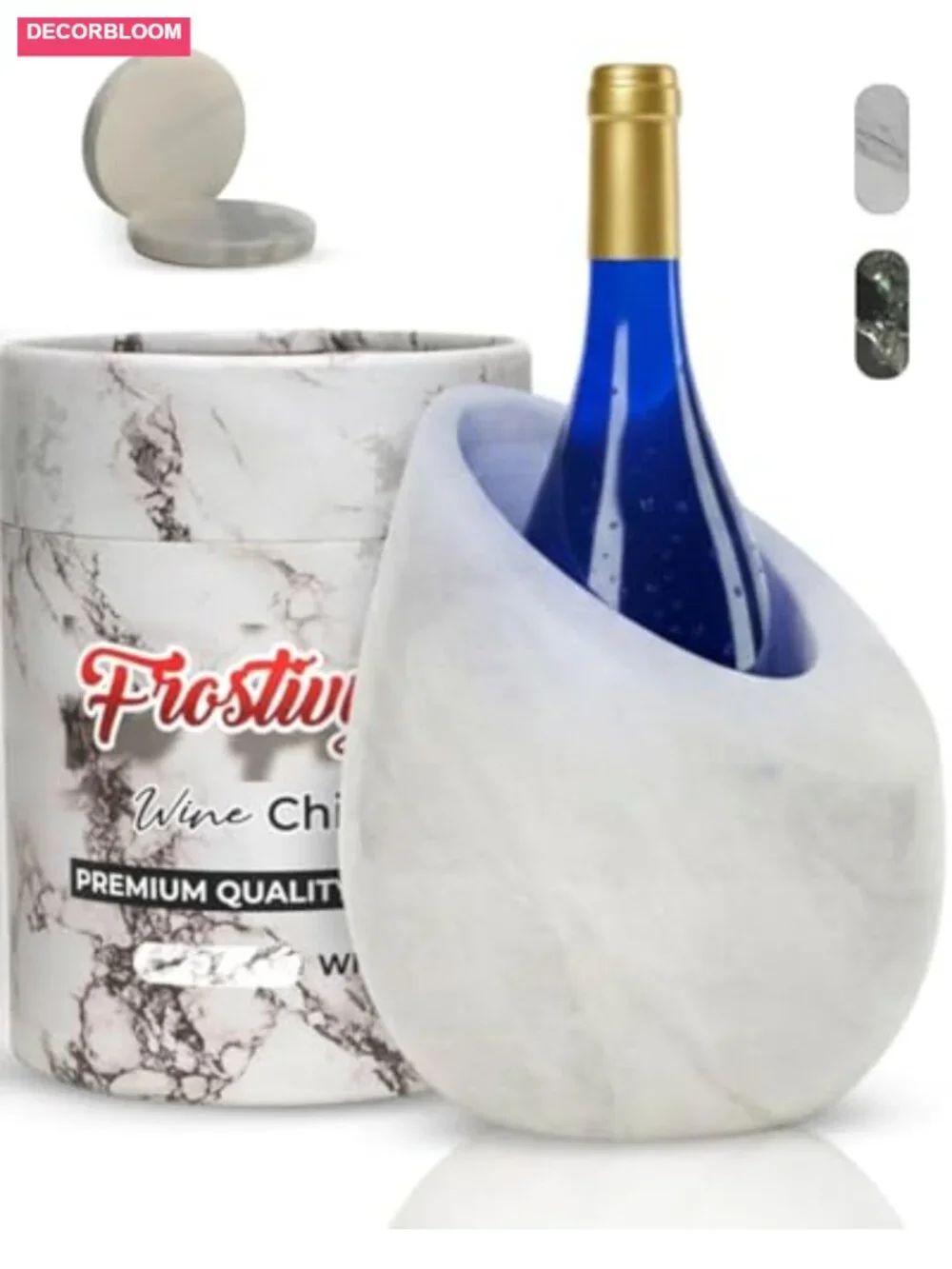Marble Wine Chiller Bucket Set with 2 Coasters - 750ml Bottle Cooler for Party,